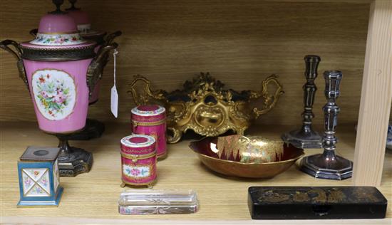 A pair of Sevres style pink ground pot pourri vases, and other ceramics and metalware